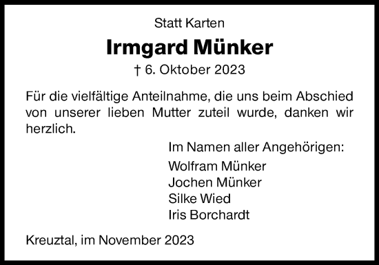 Traueranzeige von Irmgard Münker von Siegener Zeitung