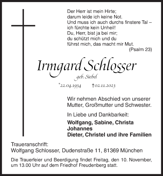Traueranzeige von Irmgard Schlosser von Siegener Zeitung