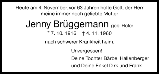 Traueranzeige von Jenny Brüggemann von Siegener Zeitung