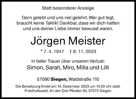Traueranzeige von Jörgen Meister von Siegener Zeitung