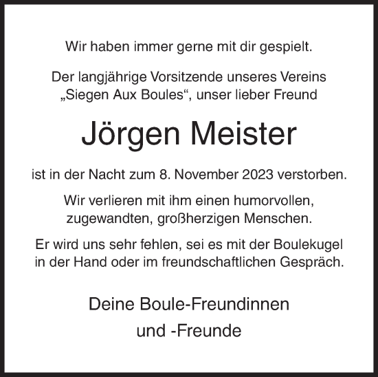 Traueranzeige von Jörgen Meister von Siegener Zeitung