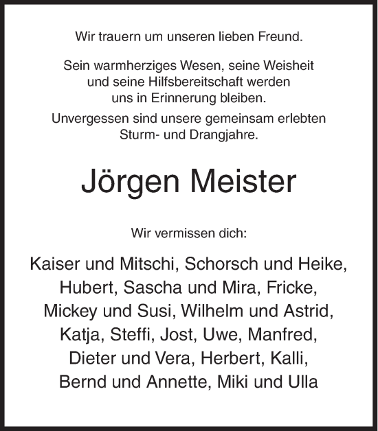 Traueranzeige von Jörgen Meister von Siegener Zeitung