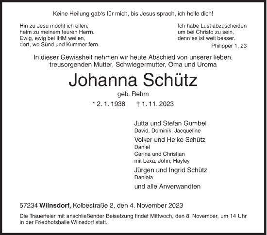 Traueranzeige von Johanna Schütz von Siegener Zeitung