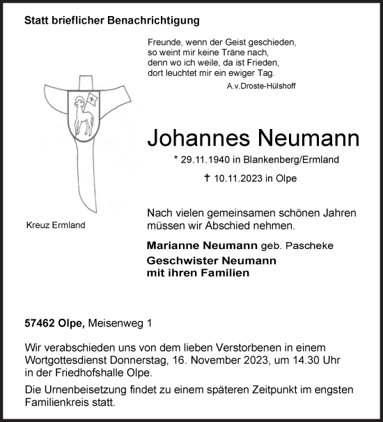 Traueranzeige von Johannes Neumann von Siegener Zeitung