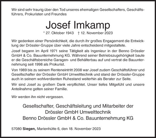 Traueranzeige von Josef Imkamp von Siegener Zeitung