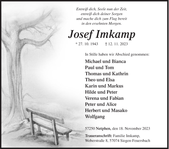 Traueranzeige von Josef Imkamp von Siegener Zeitung