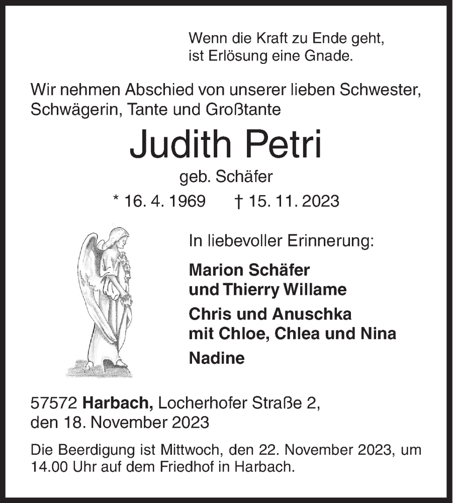  Traueranzeige für Judith Petri vom 18.11.2023 aus Siegener Zeitung
