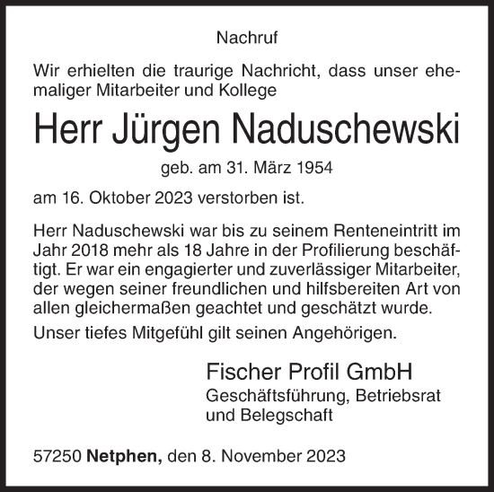 Traueranzeige von Jürgen Naduschewski von Siegener Zeitung