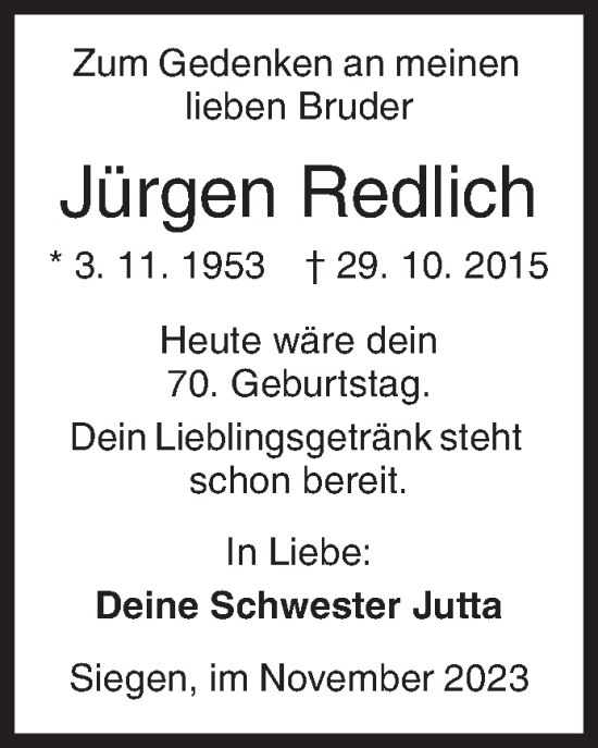 Traueranzeige von Jürgen Redlich von Siegener Zeitung