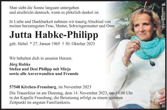 Traueranzeige von Jutta Habke-Philipp von Siegener Zeitung
