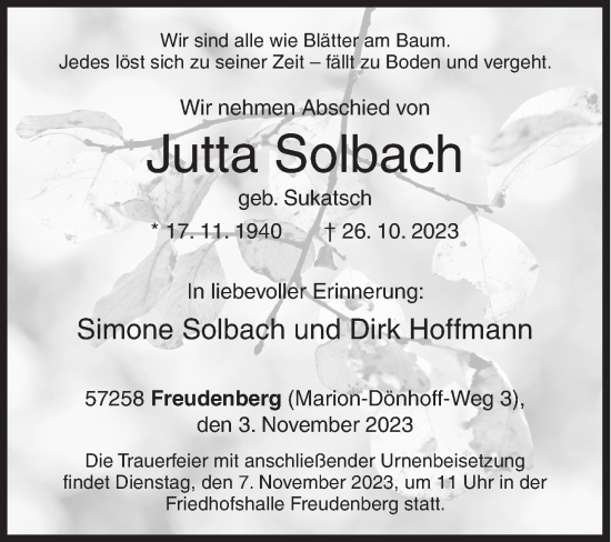 Traueranzeige von Jutta Solbach von Siegener Zeitung
