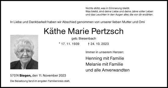 Traueranzeige von Käthe Marie Pertzsch von Siegener Zeitung