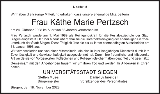 Traueranzeige von Käthe Marie Pertzsch von Siegener Zeitung