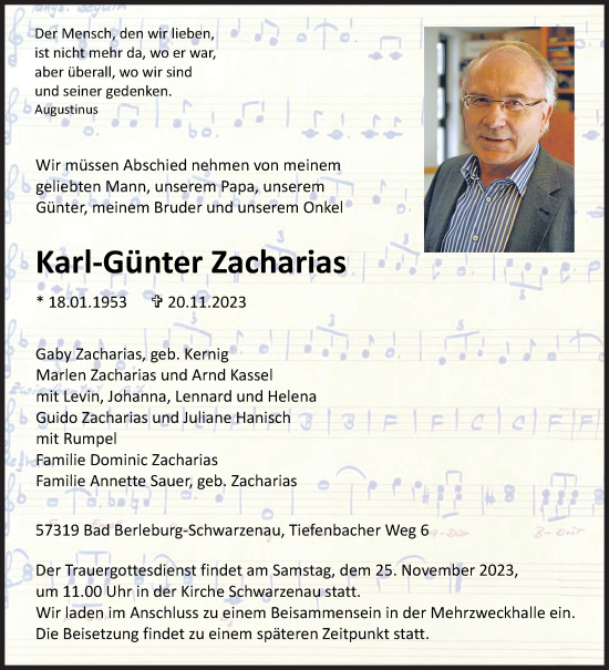 Traueranzeige von Karl-Günter Zacharias von Siegener Zeitung