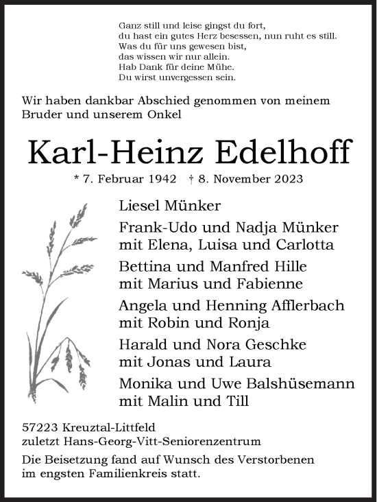 Traueranzeige von Karl-Heinz Edelhoff von Siegener Zeitung