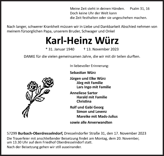 Traueranzeige von Karl-Heinz Würz von Siegener Zeitung