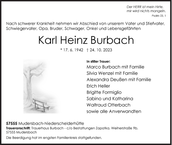 Traueranzeige von Karl Heinz Burbach von Siegener Zeitung