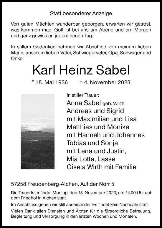 Traueranzeige von Karl Heinz Sabel von Siegener Zeitung