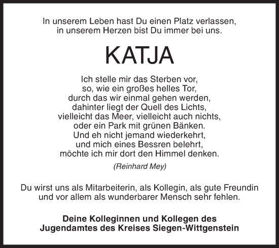 Traueranzeige von Katja  von Siegener Zeitung