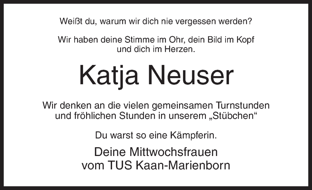 Traueranzeige für Katja Neuser vom 25.11.2023 aus Siegener Zeitung
