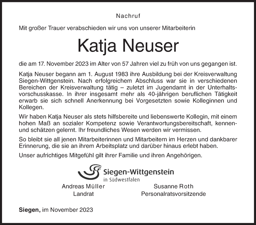  Traueranzeige für Katja Neuser vom 25.11.2023 aus Siegener Zeitung