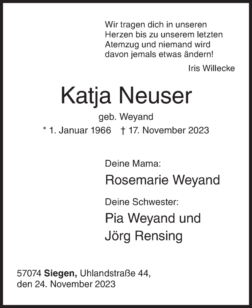  Traueranzeige für Katja Neuser vom 24.11.2023 aus Siegener Zeitung
