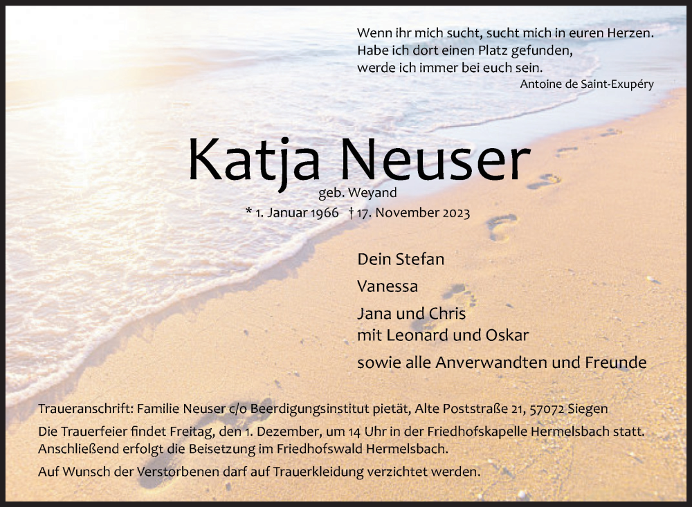  Traueranzeige für Katja Neuser vom 22.11.2023 aus Siegener Zeitung