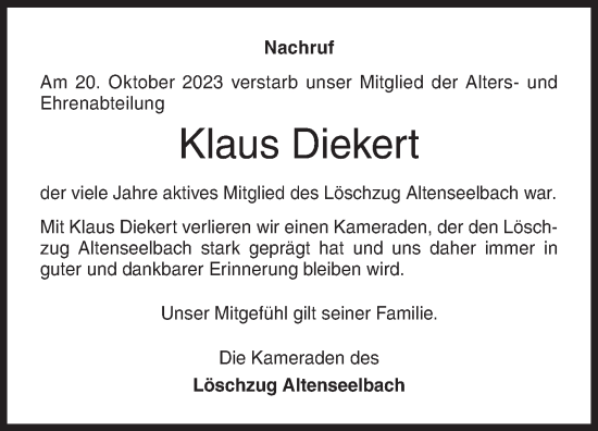 Traueranzeige von Klaus Diekert von Siegener Zeitung
