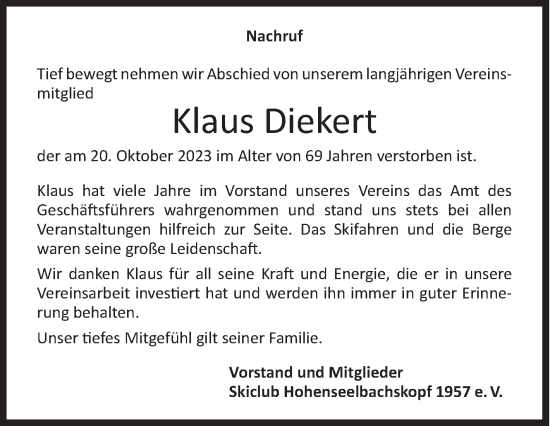 Traueranzeige von Klaus Diekert von Siegener Zeitung