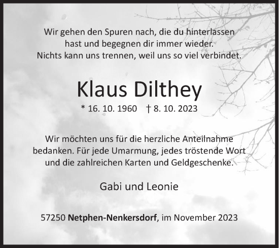 Traueranzeige von Klaus Dilthey von Siegener Zeitung