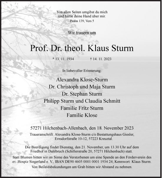 Traueranzeige von Klaus Sturm von Siegener Zeitung