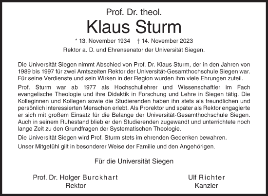 Traueranzeige von Klaus Sturm von Siegener Zeitung