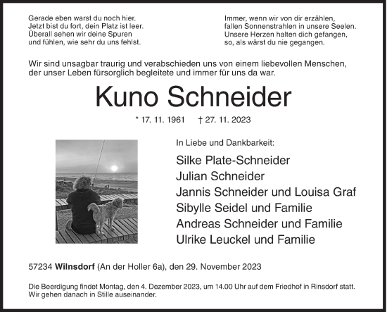 Traueranzeige von Kuno Schneider von Siegener Zeitung