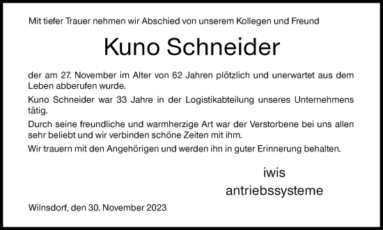Traueranzeige von Kuno Schneider von Siegener Zeitung