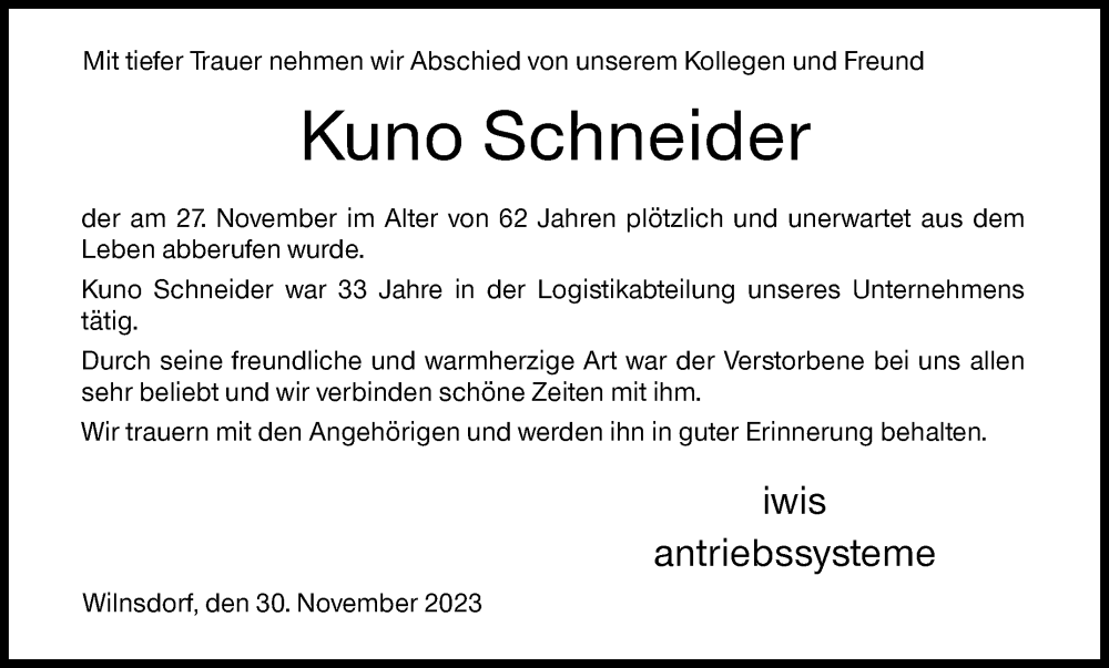  Traueranzeige für Kuno Schneider vom 30.11.2023 aus Siegener Zeitung