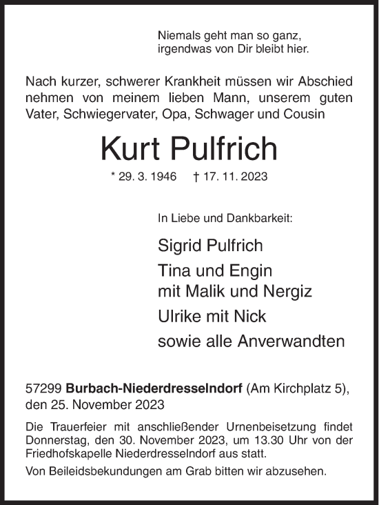 Traueranzeige von Kurt Pulfrich von Siegener Zeitung