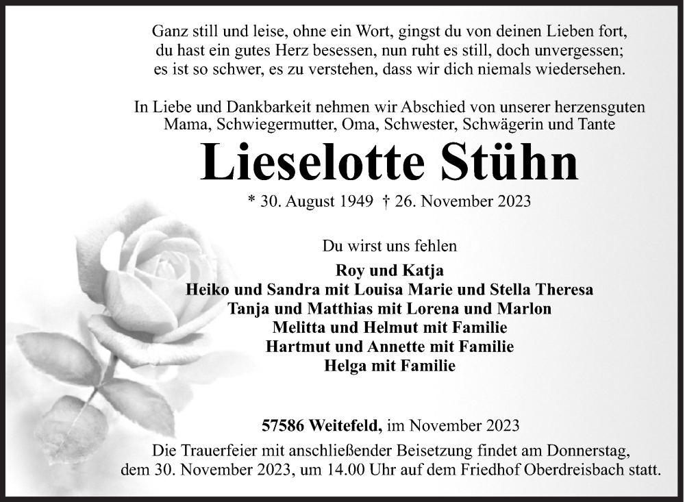  Traueranzeige für Lieselotte Stühn vom 28.11.2023 aus Siegener Zeitung