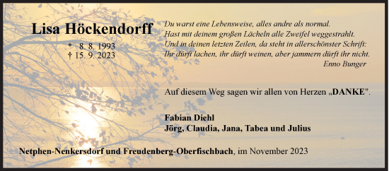 Traueranzeige von Lisa Höckendorff von Siegener Zeitung