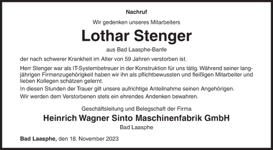 Traueranzeige von Lothar Stenger von Siegener Zeitung