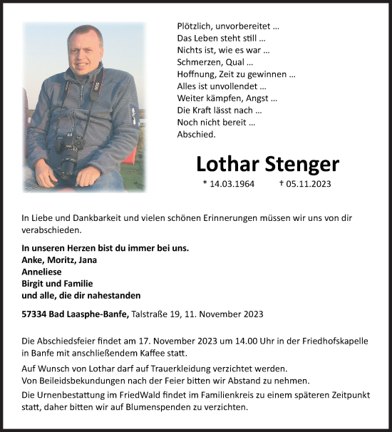 Traueranzeige von Lothar Stenger von Siegener Zeitung