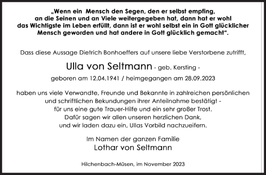 Traueranzeige von Lothar von Seltmann von Siegener Zeitung