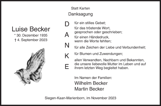 Traueranzeige von Luise Becker von Siegener Zeitung