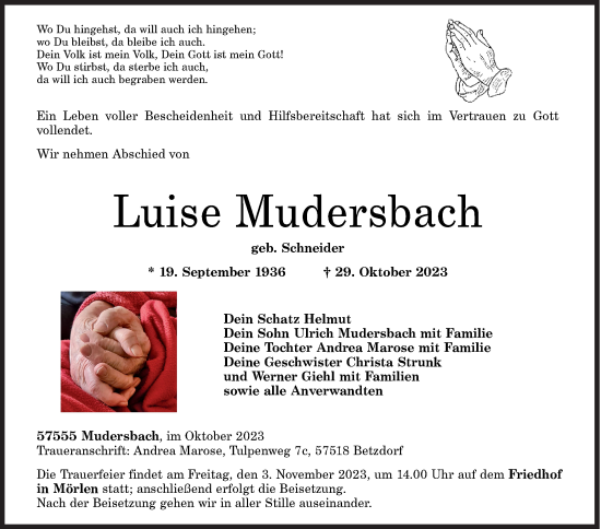 Traueranzeige von Luise Mudersbach von Siegener Zeitung