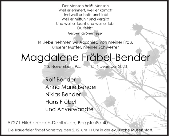 Traueranzeige von Magdalene Fräbel-Bender von Siegener Zeitung