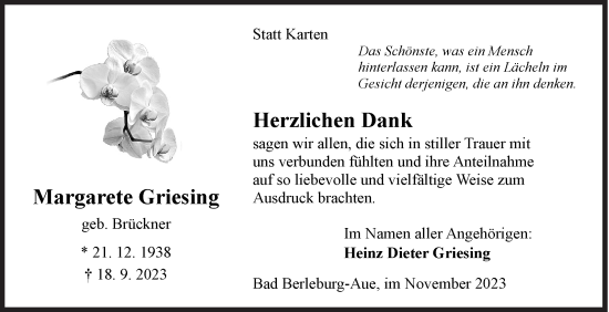 Traueranzeige von Margarete Griesing von Siegener Zeitung