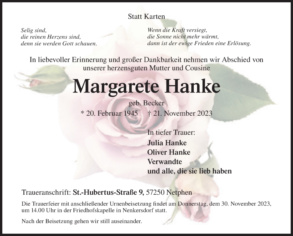  Traueranzeige für Margarete Hanke vom 25.11.2023 aus Siegener Zeitung