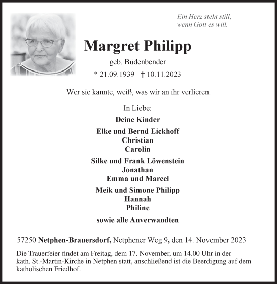 Traueranzeige von Margret Philipp von Siegener Zeitung