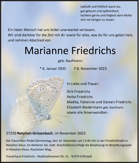 Traueranzeige von Marianne Friedrichs von Siegener Zeitung