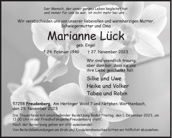 Traueranzeige von Marianne Lück von Siegener Zeitung