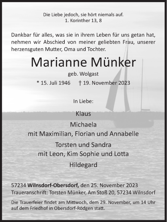 Traueranzeige von Marianne Münker von Siegener Zeitung